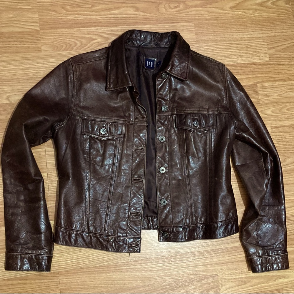 Vintage Y2K Chocolate Brown Leather Gap Jacket - size L